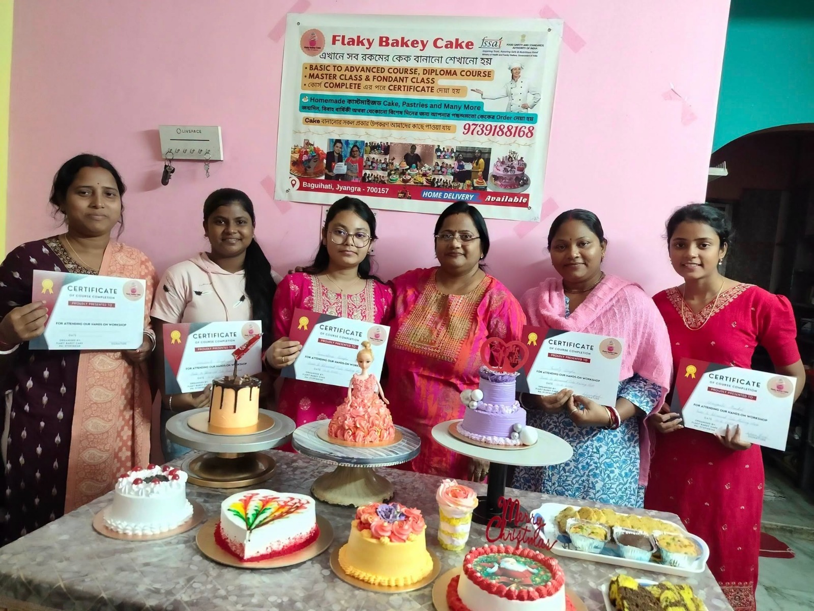 Flaky Bakey diploma cake class graduation batch with certificates and cakes, Hatiara Kolkata