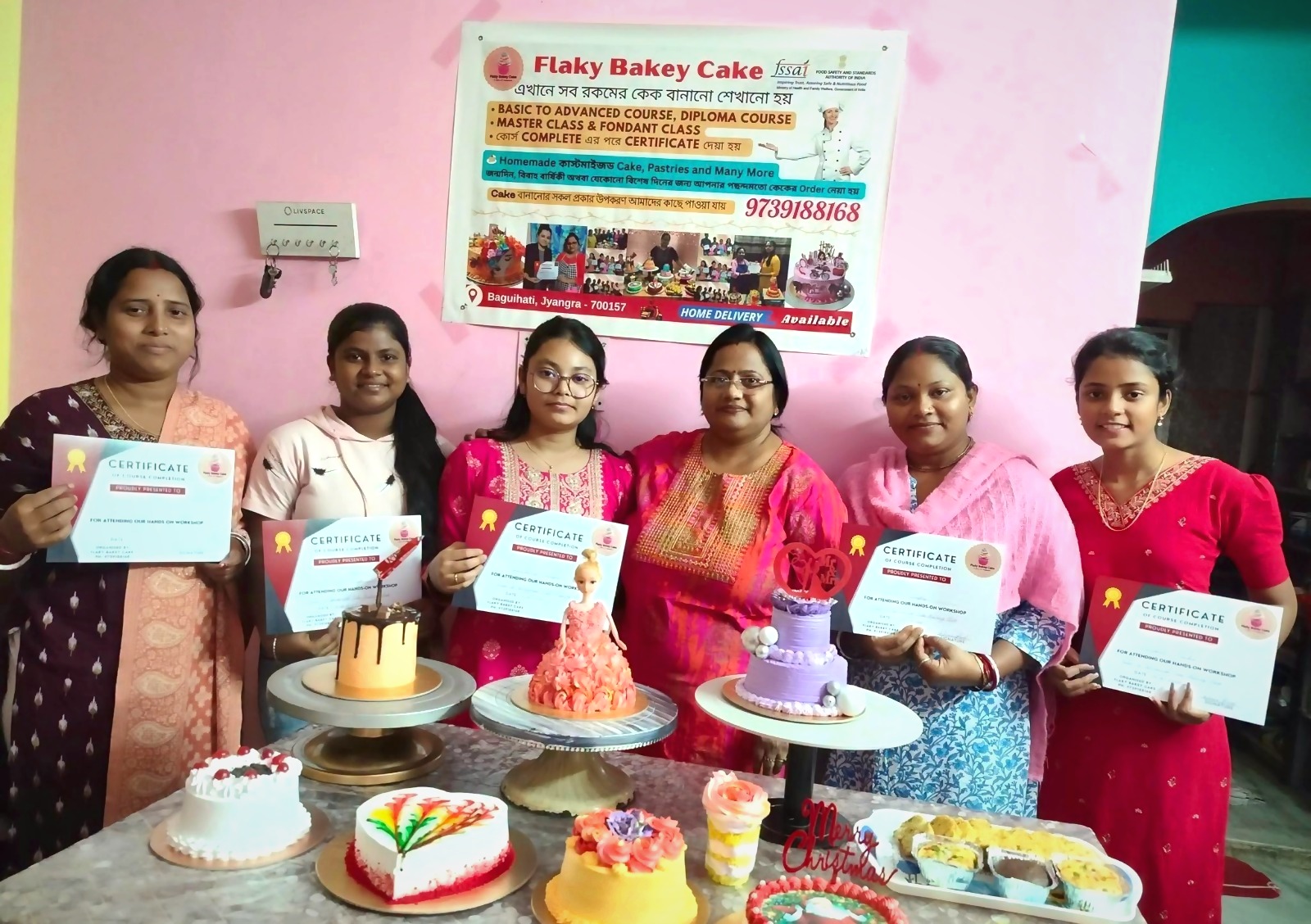 Flaky Bakey Diploma Cake Baking Class batch with their finished cakes, Hatiara Rajarhat Kolkata